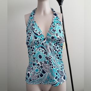 Vintage Aqua blue floral print swim top size 10